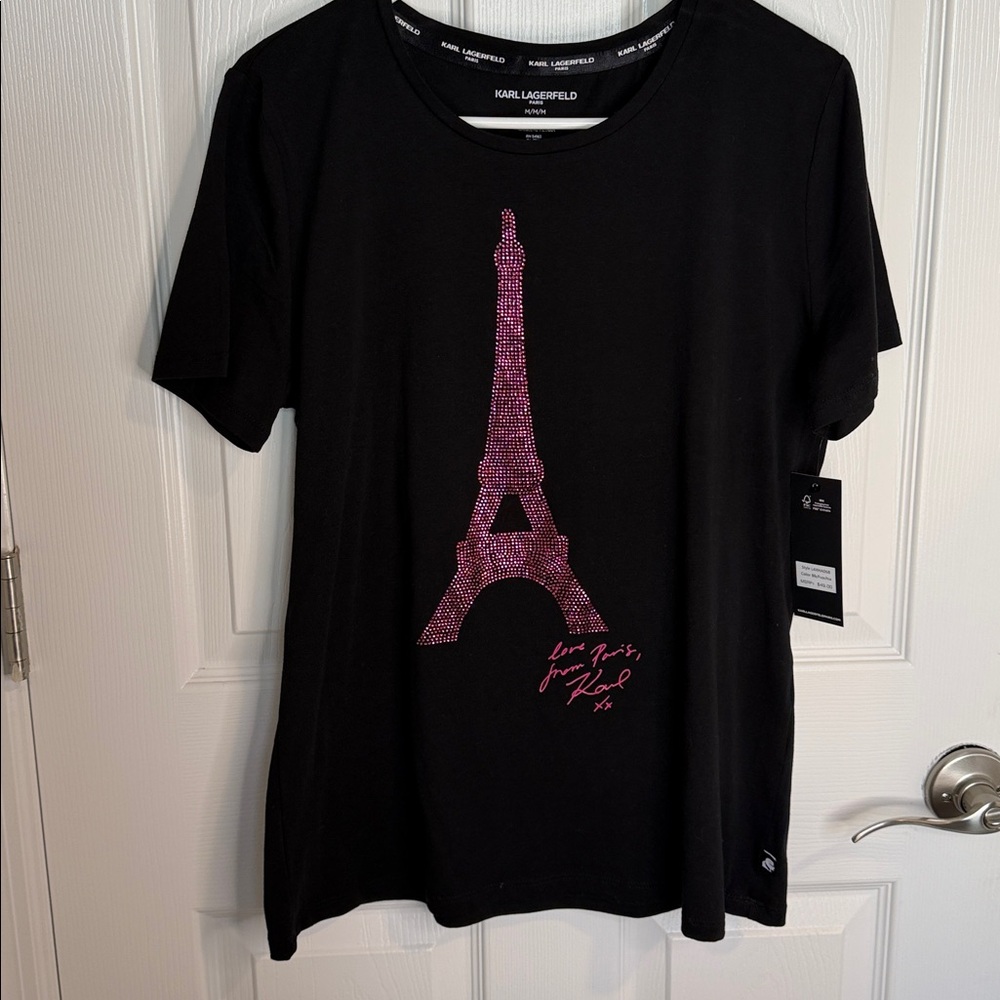 NWT Karl Lagerfeld versatile black Tee with Pink sequenced Eiffel Tower - Picture 3 of 11